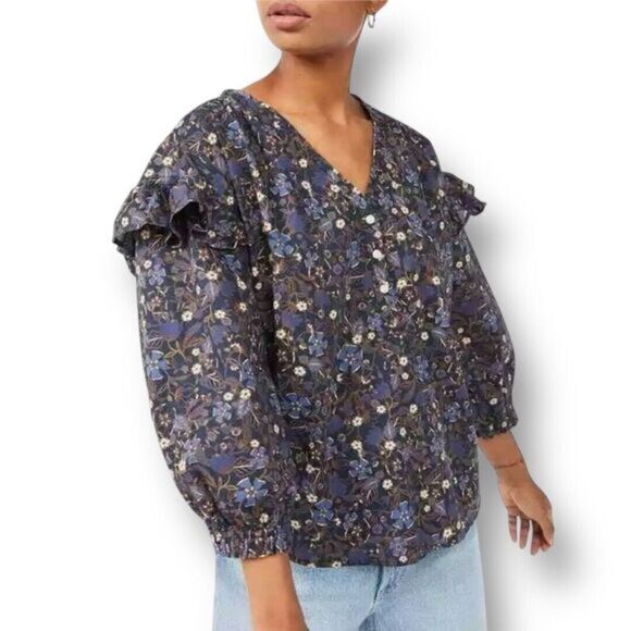 Free Assembly Large Navy Floral Ruffle Sleeve Blouse Boho Cottagecore Romantic - Picture 1 of 9